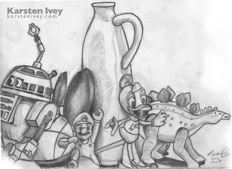 Pencil-drawing-Mario-r2-d2-daisy